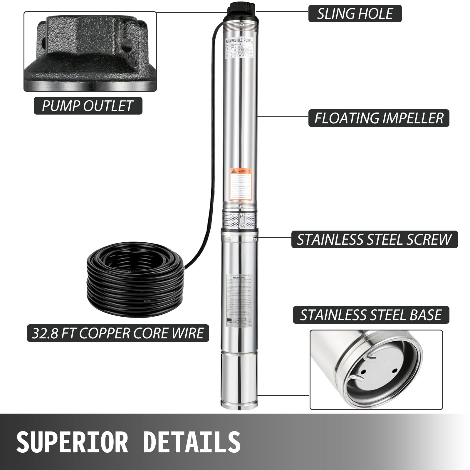 2HP Submersible Bore Pump Deep Well Pump Stainless Steel 220V with 40M Cable 