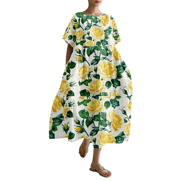XVJRHAK Garden Party Dress Women's Retro Botanical Floral Design Printed Casual Loose Dress With Pocket (Army Green,XXXXXL)