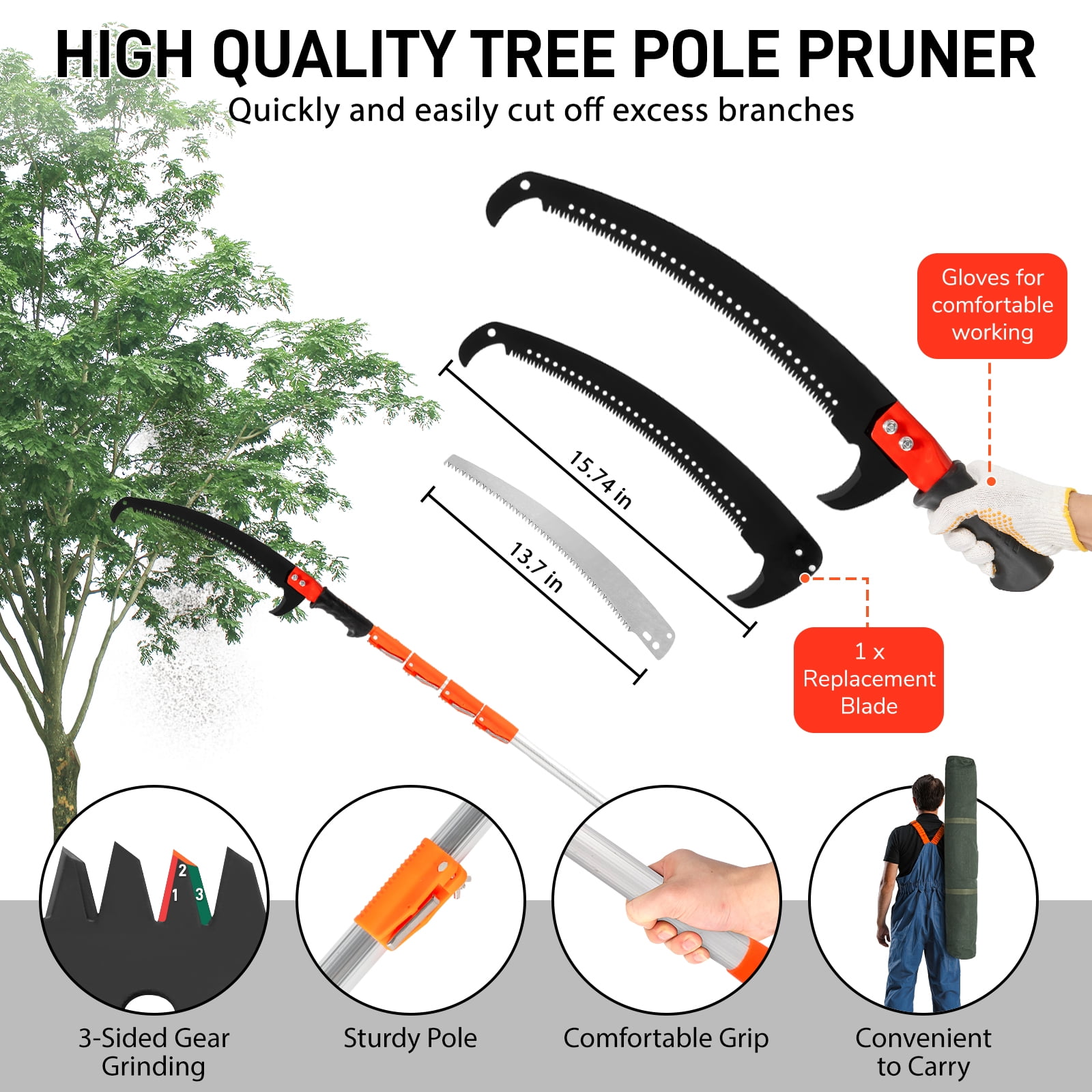 24ft Manual Pole Saw Set, Extendable 7.3ft to 24.1ft, Alloy Steel Blades, Fiberglass Poles, Rope Pull System, All-in-One Pruning Kit for Garden Trees & Shrubs