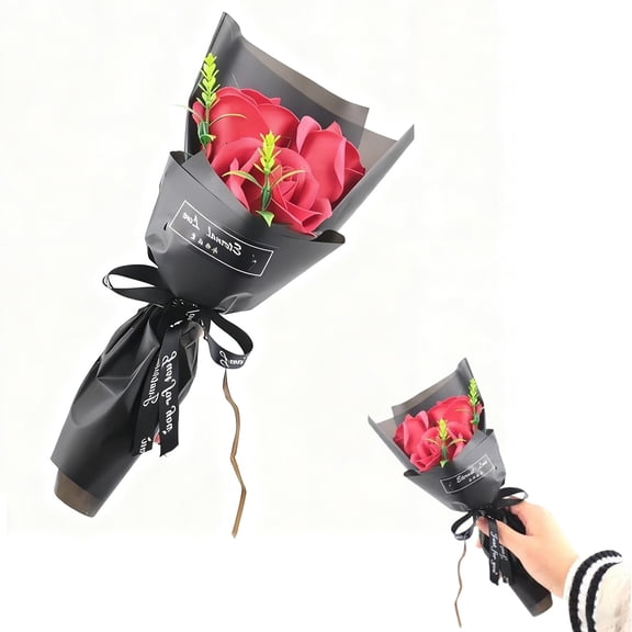 Red 3 Heads Artificial Rose Bouquet Soap Flower Petals Valentine Day Gifts for Women,Best Friend&friend, Birthday,From Daughter Son Husband,Red Roses Artificial Flowers,Valentine's Day Decor(1Pc)