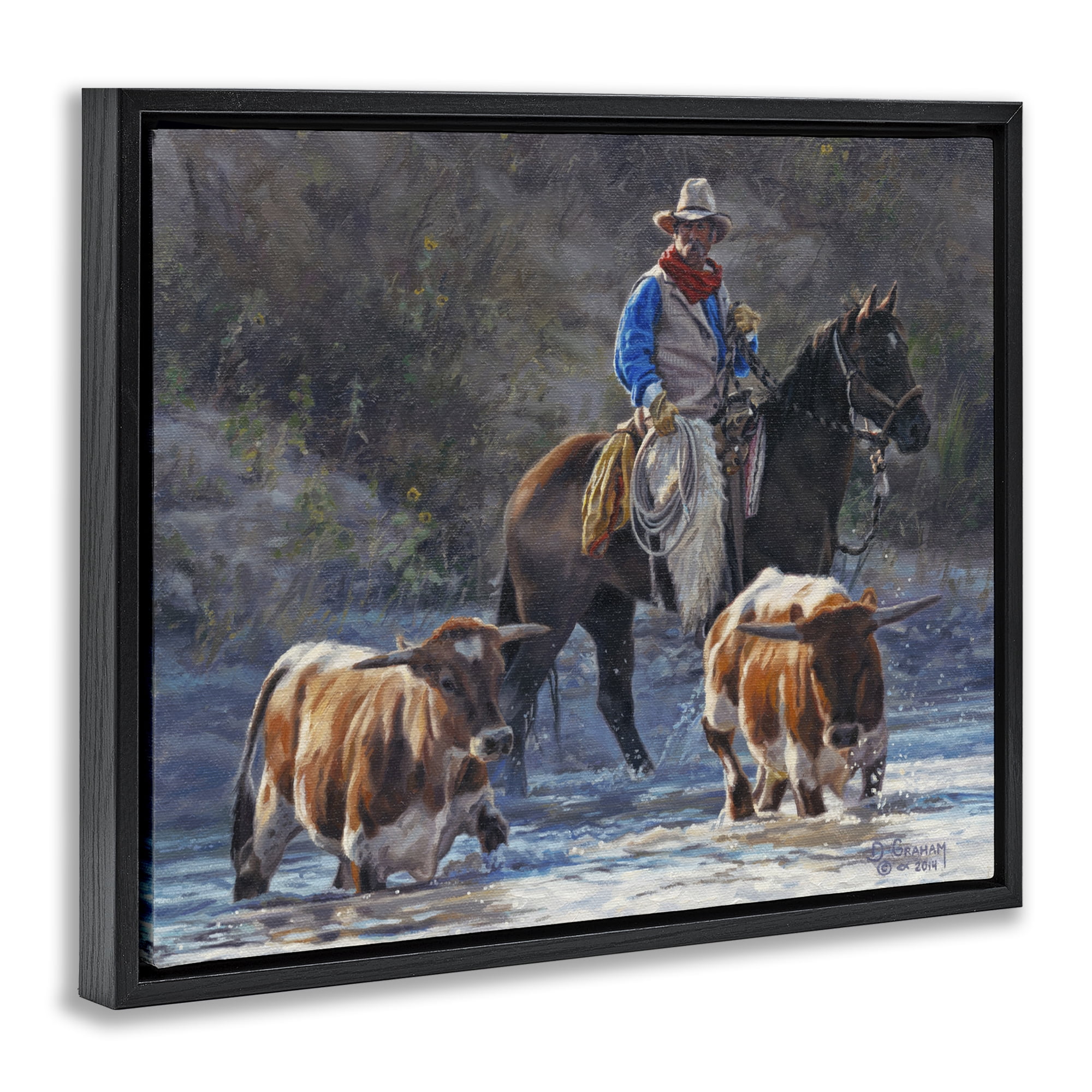 Stupell Industries Cowboy Crossing River Animals & Insects Painting Black Floater Framed Canvas Art Print Wall Art, 21 x 17