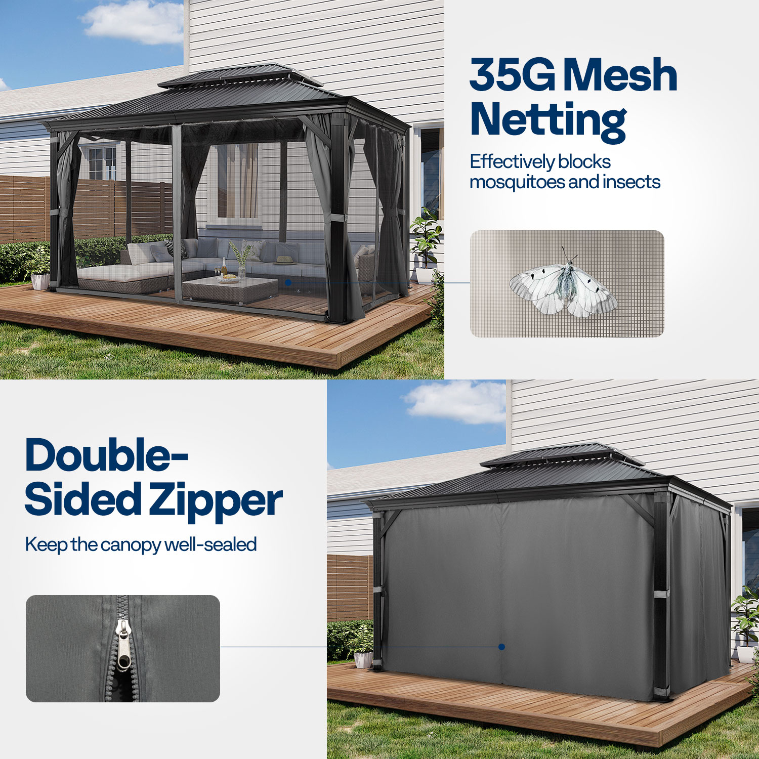 VIVOHOME 10' X 13' Permanent Hardtop Gazebo, Aluminum Frame with Galvanized Steel Double Roof, Curtains and Netting Included