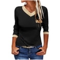 thumbnail image 2 of Jalioing V Neck Shirts for Women Color Block Long Sleeve Casual T Shirt Summer Loose Basic Tee with Pocket, 2 of 6