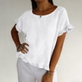 thumbnail image 6 of Women's Solid Loose Fit Short Sleeve Round Neck Ruffle Pleated Linen Casual Blouse Shirt Comfy Breathable Work Office Outfits | CSEONE,White L, 6 of 8