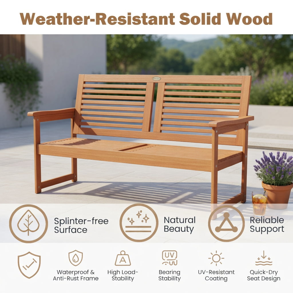 Hommoo 2-Person Outdoor Wooden Patio Bench with Slatted Backrest & Seat, Wood Garden Bench for Porch, Balcony & Backyard, Natural