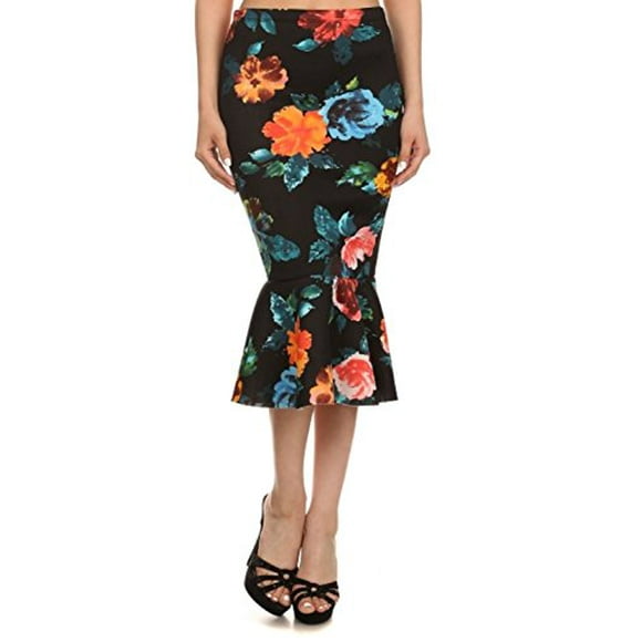 2Chique Boutique Women's Floral Print High Waisted Midi Skirt with Fluted Hem (medium)