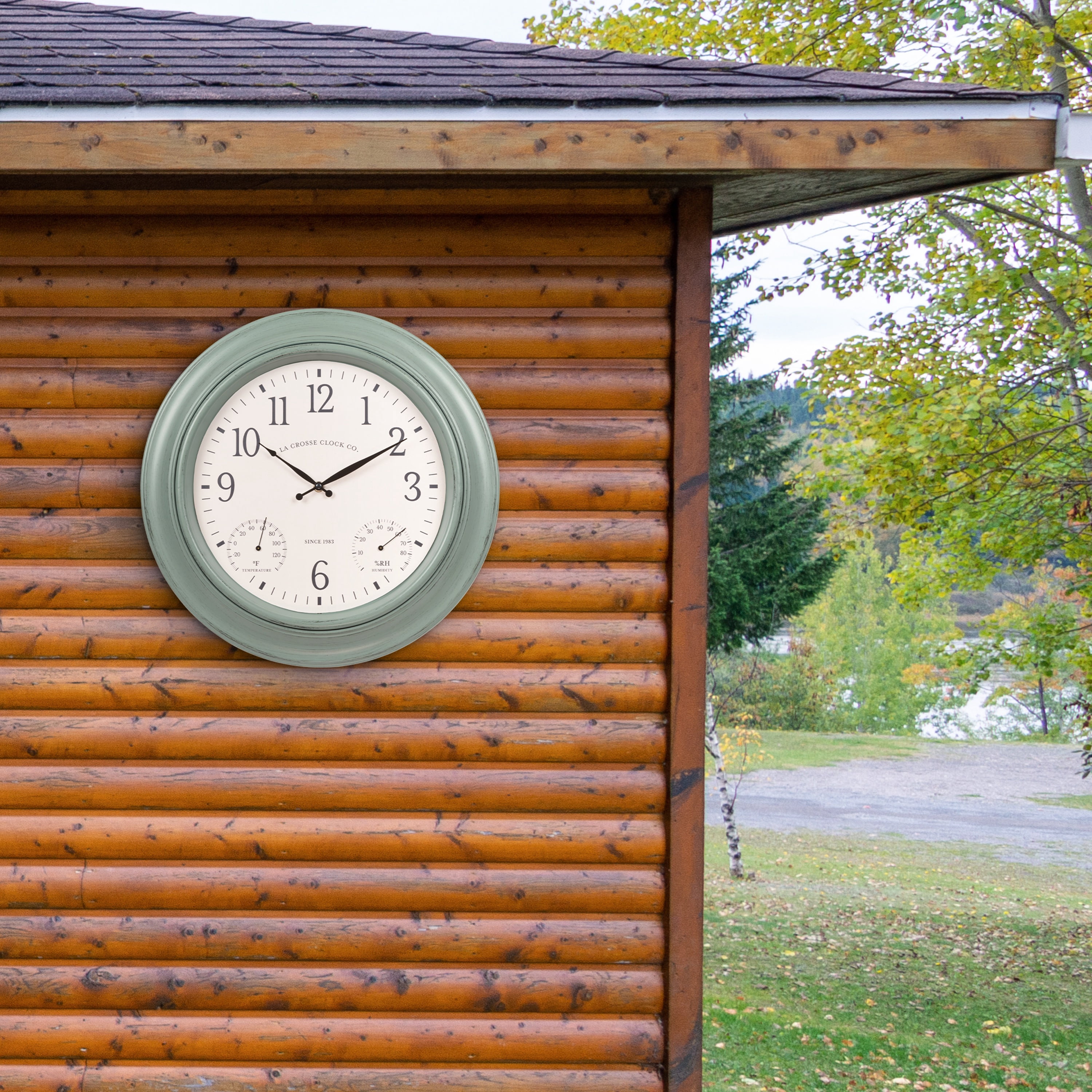 La Crosse Clock 18 inch Outdoor Sage Green Quartz Analog Wall Clock with Temperature and Humidity, 433-3846