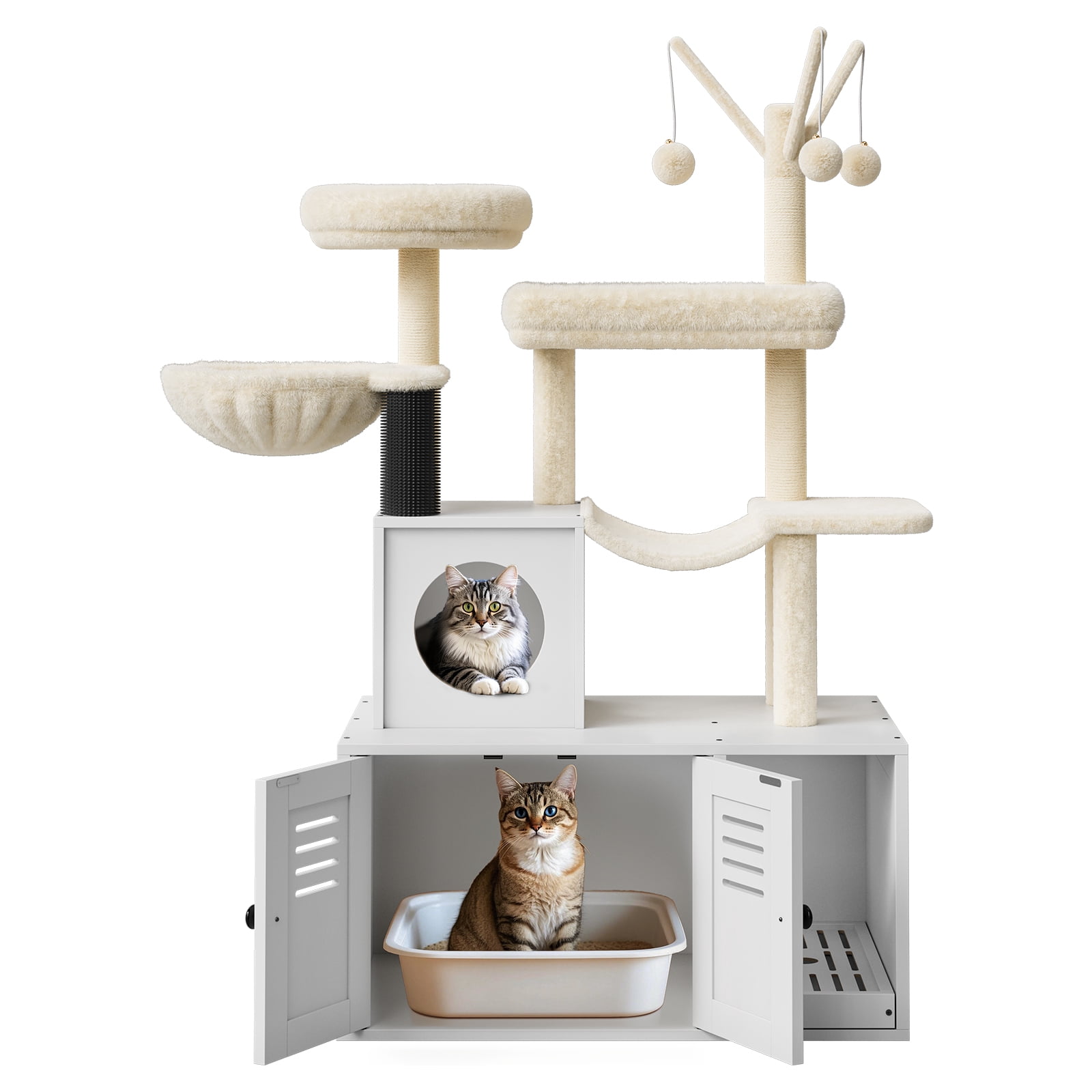 TEQIN Cat Tree with Litter Box Enclosure Furniture,Modern Cat Tower, 53.7’’ H Cat Condo with Sisal Scratching Post and Hammock, Indoor Pet Furniture with Large Platform