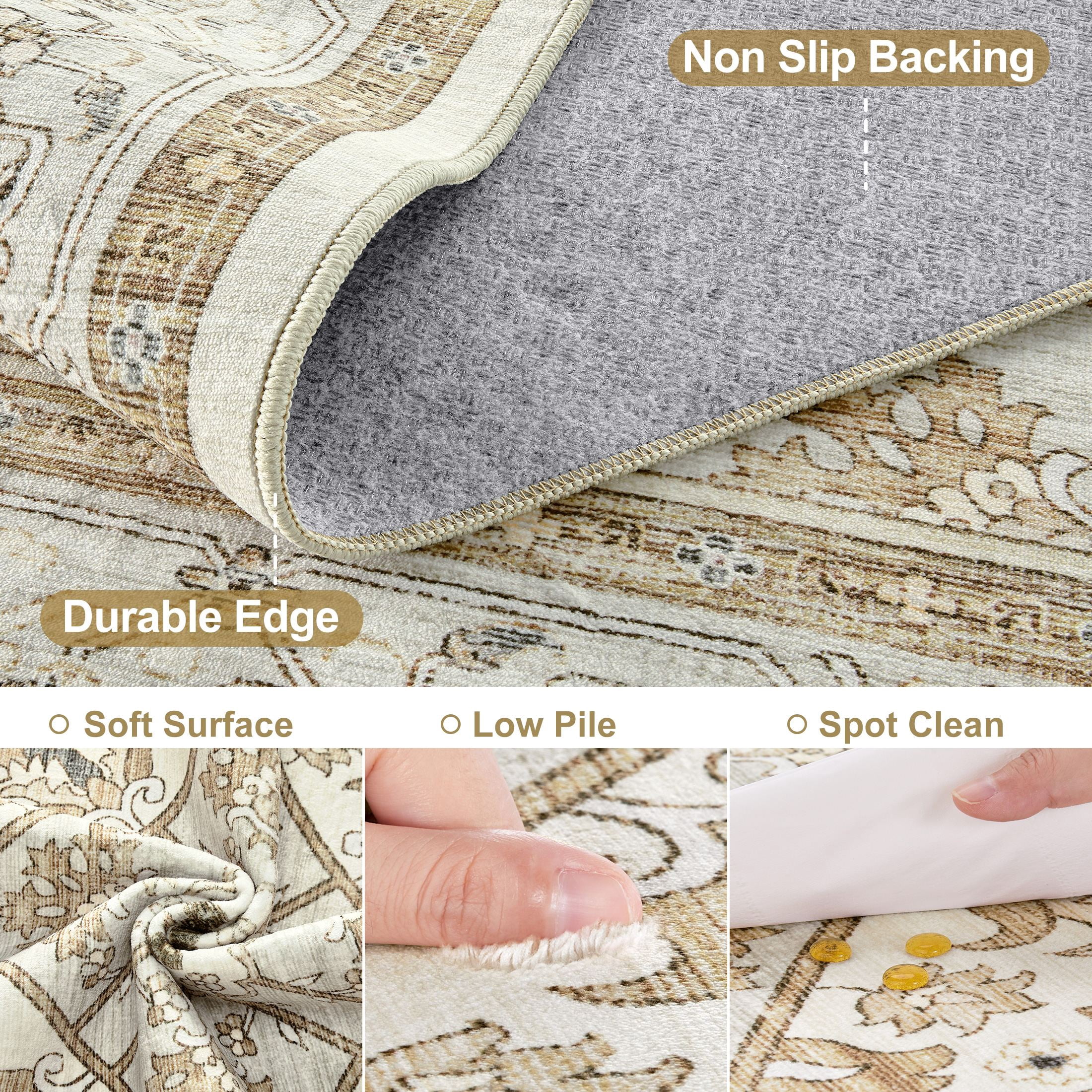 UERMEI 10'x14' Washable Large Area Rugs for Living Room, Vacuum friendly, Vintage Floral Boho Printed Carpet, Non Slip Indoor Rugs for Bedroom Home Decor Carpets, Brown/Cream