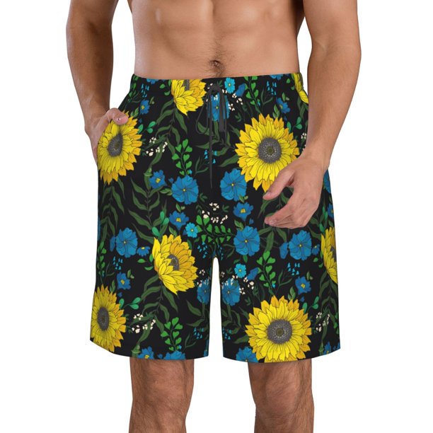 Balery Sunflowers And Blue Flower Traje de Baño Estilo Hawaiano para Hombre, Shorts de Secado Rápido con Bolsillos-X-Large