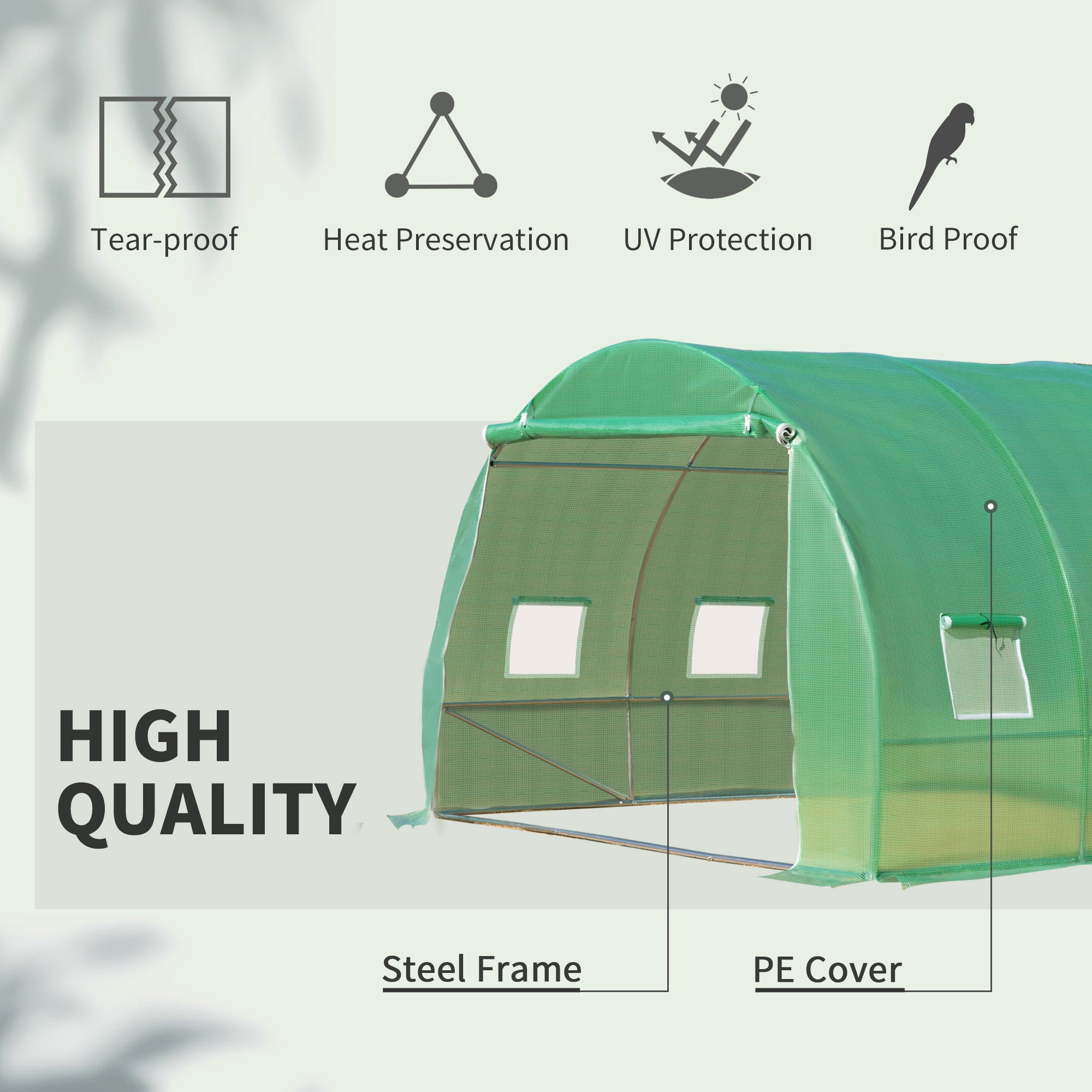 Outsunny 10' x 10' x 6.5' Walk-in Tunnel Hoop Greenhouse, Polyethylene PE Cover, Steel Frame, Roll-Up Zipper Door & Windows for Flowers, Vegetables, Tropical Plants, Green