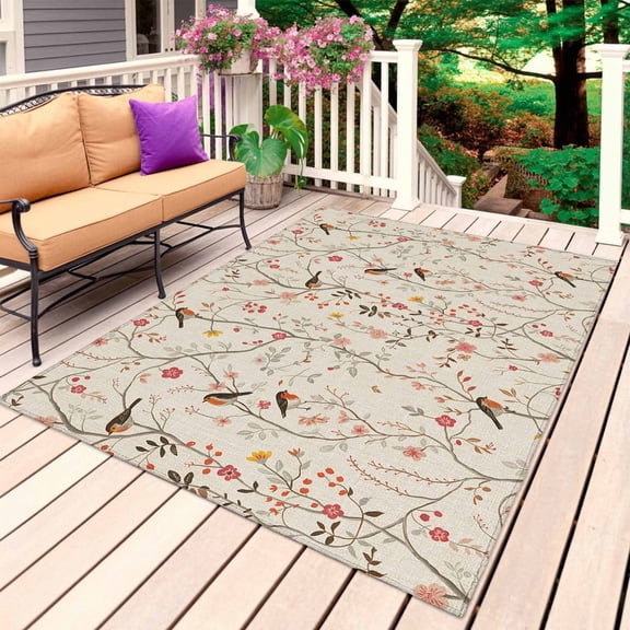 Flowers Birds Outdoor Rug for Patio/Deck/Porch, Non-Slip Large Area Rug 4 x 6 Ft, Country Retro Botanical Floral Branches Indoor Outdoor Rugs Washable Area Rugs, Reversible Camping Rug Carpet Runner