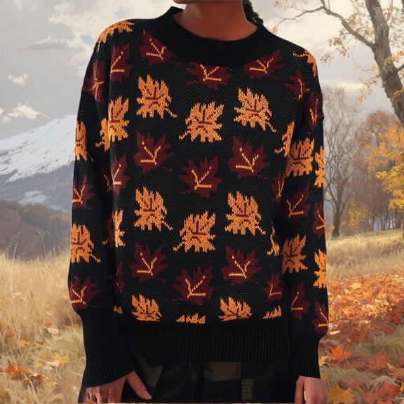 JIAYUE Sweaters for Women Leaf Pattern Jacquard Pullover Round Neck Long Sleeve Loose Fit For Ladies Autumn Winter Wear