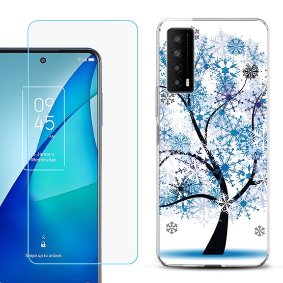 Slim-Fit Gel TPU Phone Case for TCL Stylus 5G, with Tempered Glass Screen Protector, by OneToughShield ® - Snowflakes Tree
