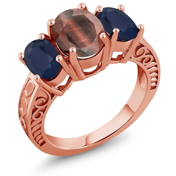 Gem Stone King 3.50 Ct Oval Red Tiger Eye Blue Sapphire 18K Rose Gold Plated Silver Ring (Size 9)