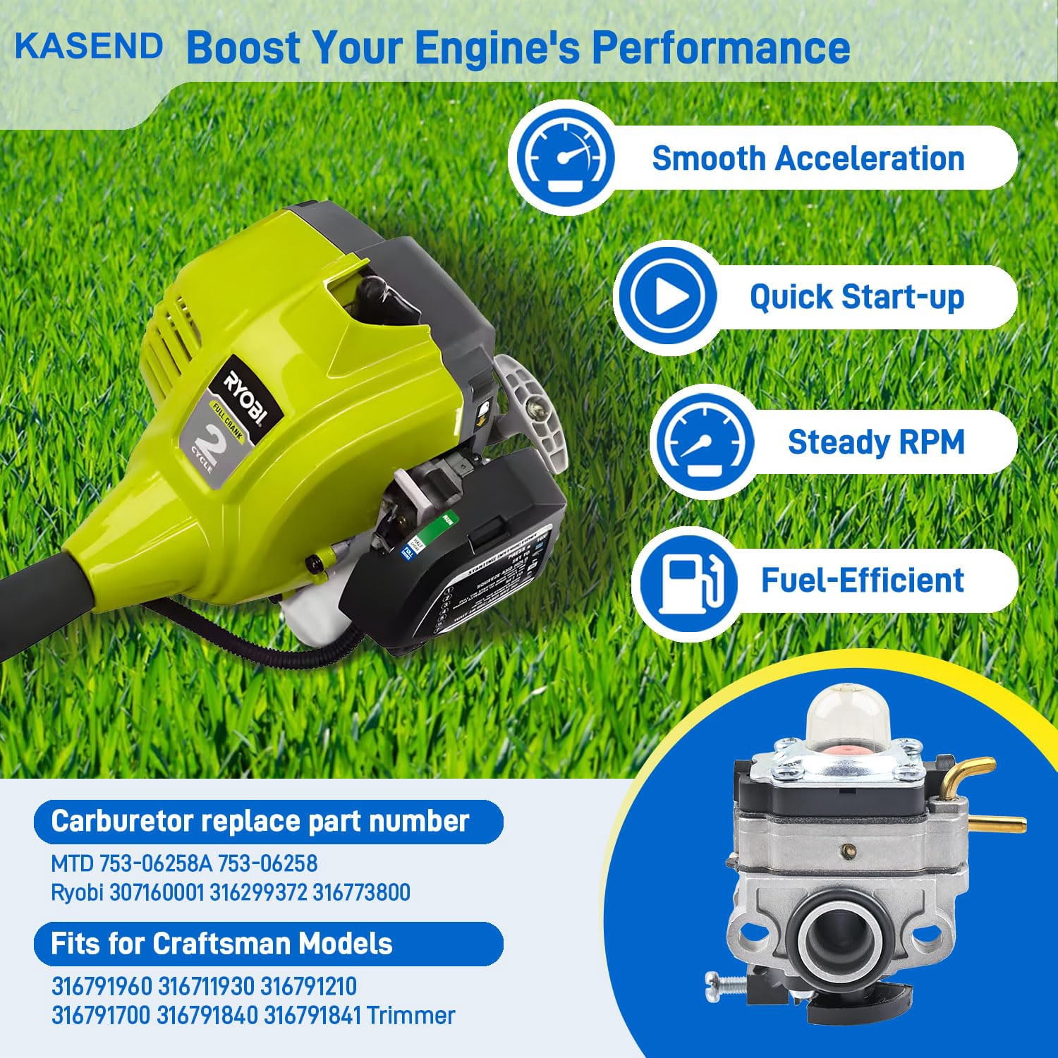 753-06258A Carburetor for Ryobi RY251PH RY252CS RY253SS RY254BC MTD 753-06258 2 Cycle 25cc Gas Craftsman Cultivator String Trimmer Brush Cutter 307160001 316299372 316773800