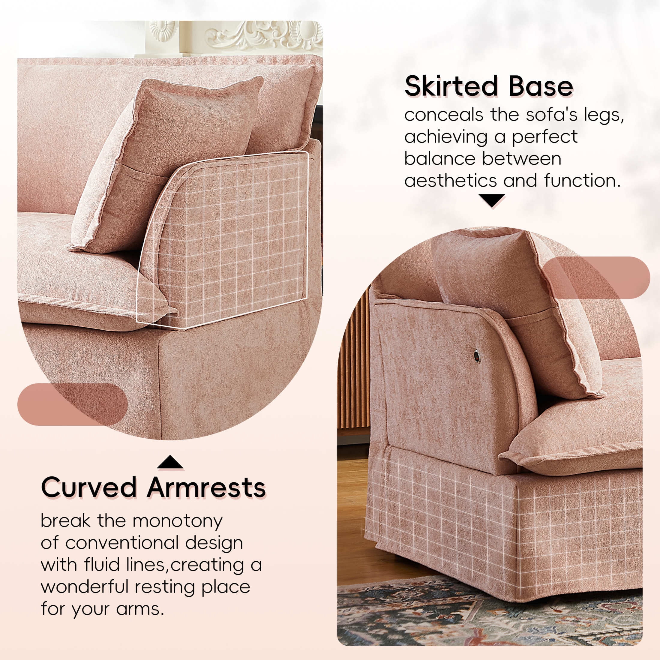 Noble House Genrix 47" Oversized Chenille Accent Chair with Charging Ports, Comfy Armchair for Living Room, Pink
