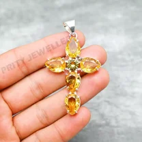 Citrine Cross Pendant 925 Sterling Silver Gemstone Handmade Jewelry 2.51"