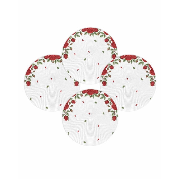 Valentine's Day Round Placemats Set of 4 Red Roses Flower Place Mats Washable Woven Placemat Romantic Floral Petals Circle Braided Table Mat for Kitchen Dining Table Wedding Party Home Decor 15 Inch