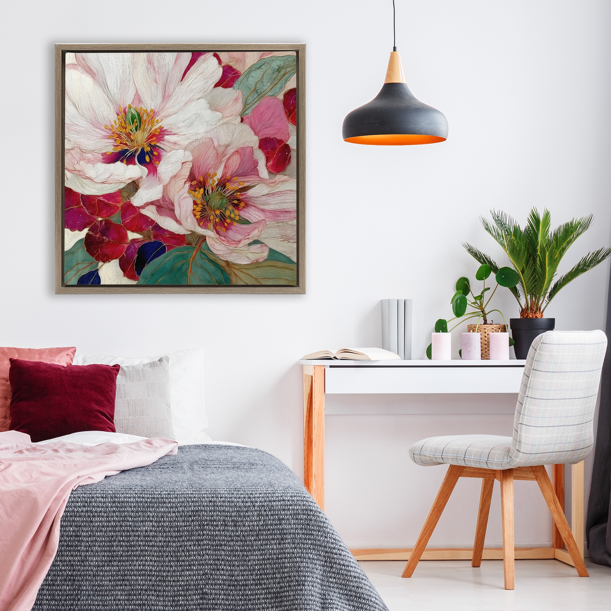 Cimarron Flowers Ornate Details Brown Framed Floater Canvas Wall Art, design by Annabelle Hall