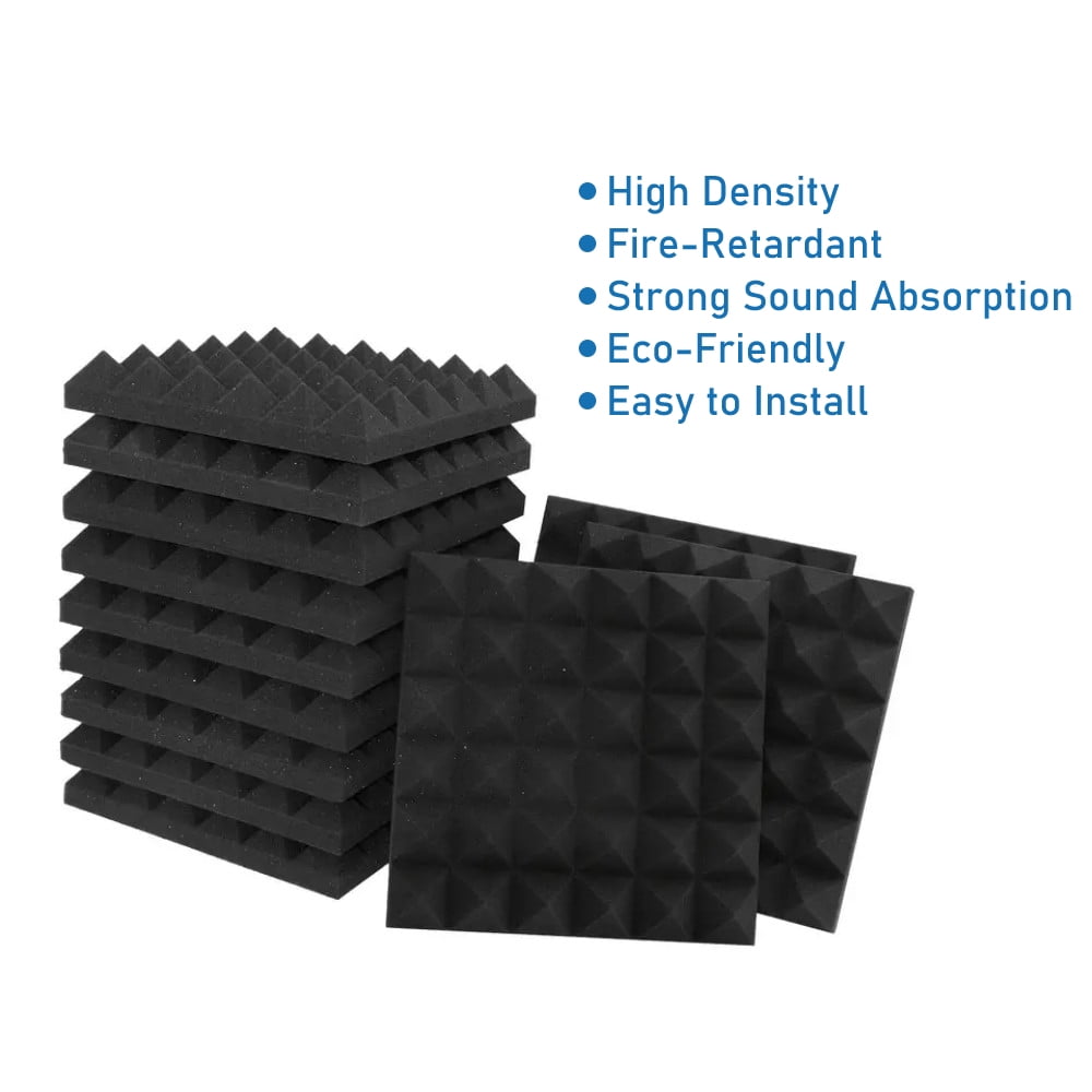Sound Absorbing Noise Dampening Acoustic Panel Wall Treatment 3" x 12" x 12", Black Pyramide, 12-pack