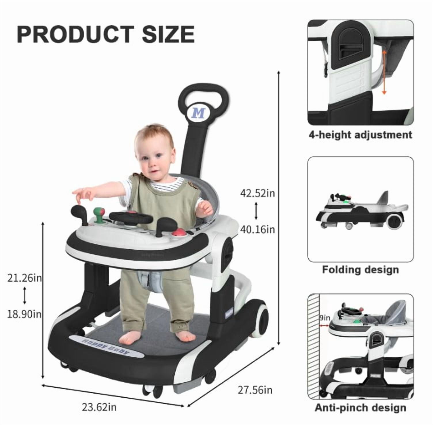 LHUAI 5-in-1 Baby Walker With Bouncer, Removable Footrest, Feeding Tray & Music, Foldable & Adjustable Activity Walker For Boys And Girls, Toddler Infant, Black