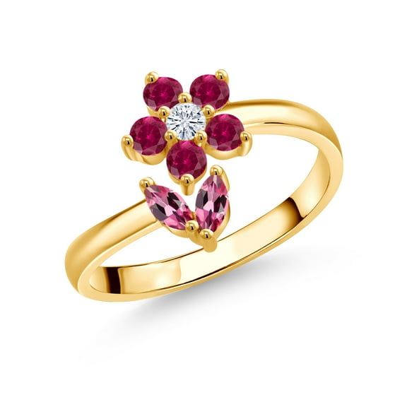 Gem Stone King 18K Yellow Gold Plated Silver Pink Tourmaline Red Created Ruby and White Moissanite Flower Open Ring for Women (0.51 Cttw, Gemstone October Birthstone, Size 5)