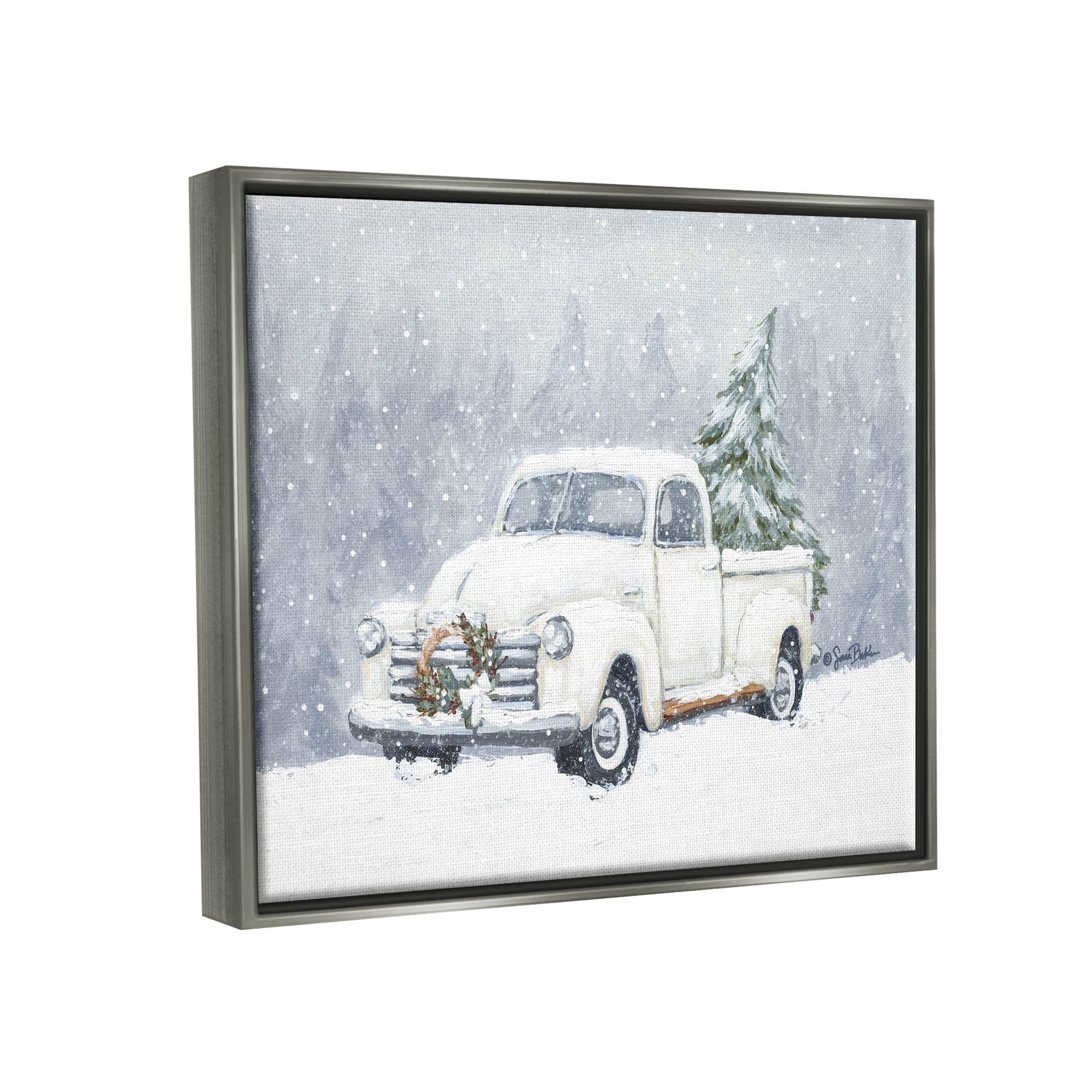 Seasonal Niveous Snow Truck Scene Holiday Painting Luster Gray Framed Art Print Wall Art