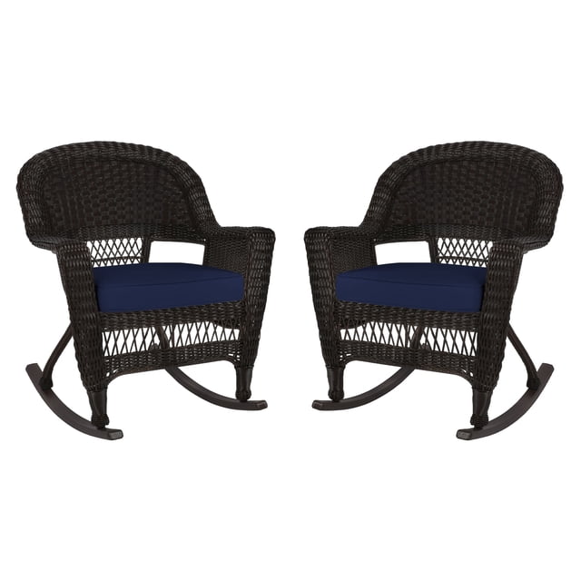 Jeco Rocker Wicker Chair in Espresso with Blue Cushion (Set of 2) Brown