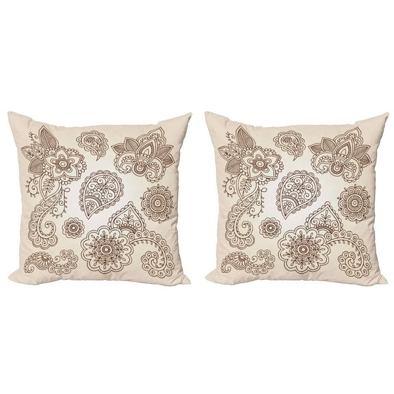 Ambesonne Floral Throw Pillow Cover 2 Pack, Monochrome Paisley Doodle, 24", Beige Brown