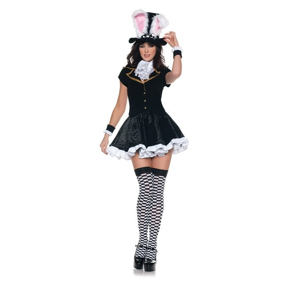 Women's Totally Mad Mini Dress Costume a Complete emsemble with attached Petticoat Jabot Wrist Cuffs Hat with attached Ears and matching Checkered Stockings
