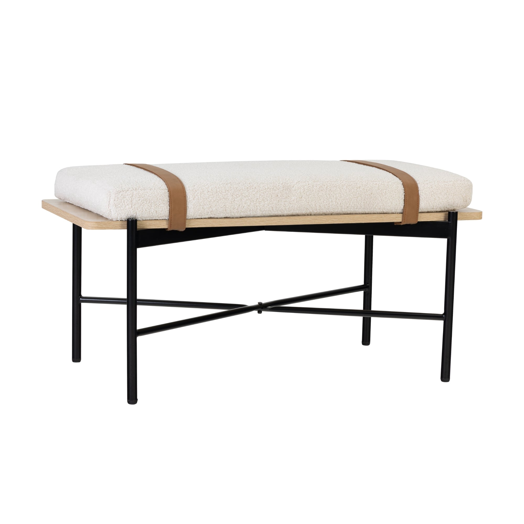 Nathan James Thatcher Upholstered Entryway Bench with Removable Boucle Cushion, Vegan Leather Straps, and Matte Black Metal Legs