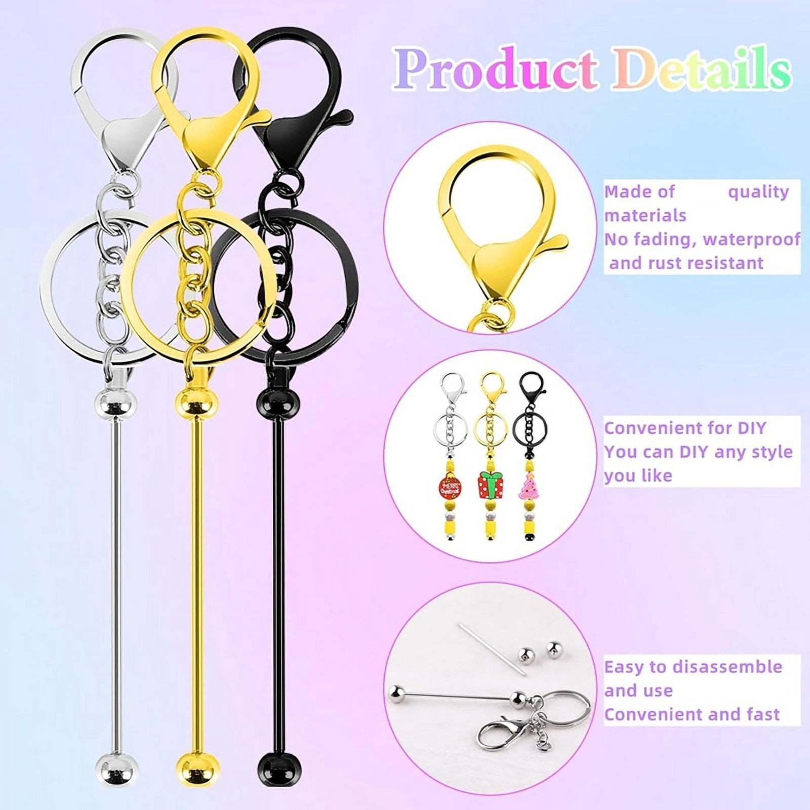 63Pcs Beadable Keychain Bars Resealable Set Keychain Making Supplies Kit for DIY Pendant Craft Jewelry