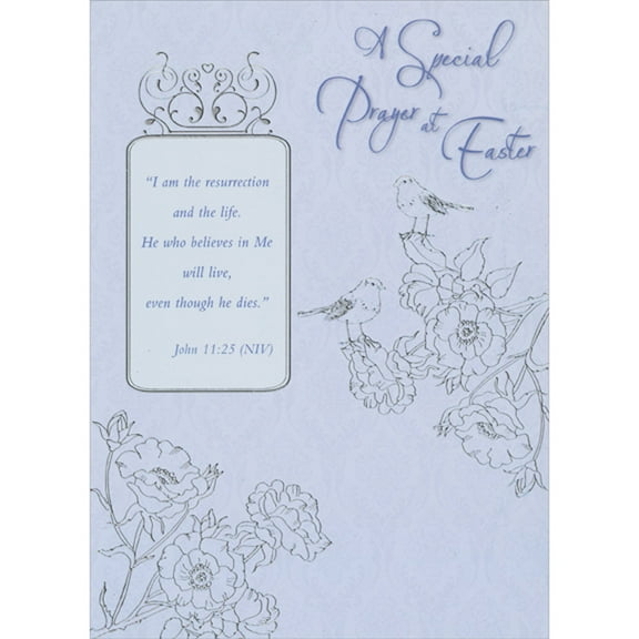 Designer Greetings I Am the Resurrection and the Life: Silver Foil Lined Birds and Flowers Religious Easter Card