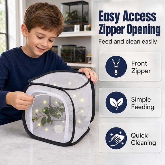 Hovilon Foldable Insect Breeding Cage 30x30x30cm, Breathable Mesh Habitat for Butterflies Caterpillars Observation, 360° Transparent Reusable Enclosure for Indoor Outdoor Plant Insect Protection