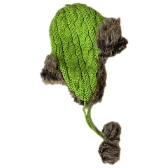 Womens Bright Green Fleece Lined Cable Knit Trapper Hat