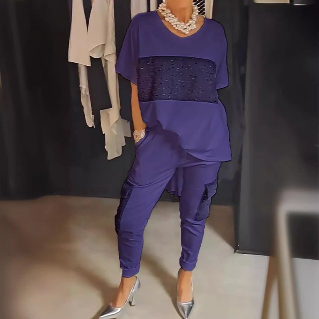 Tidyack,Sequin Patchwork Two-piece Set, Fashion Casual Top & Bottom, Solid Color, Short Sleeve, for Women, Street Style, Versatile Outfit, Polyester Blend, Summer Wear, Evening Occasions