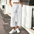 thumbnail image 2 of TEAJOPSUU Women's Cotton Blend Capris Pants Drawstring Elastic Waist Cropped Wide Leg Capris Decorative Side Buttons for Casual Everyday Loungewear White, 2 of 7