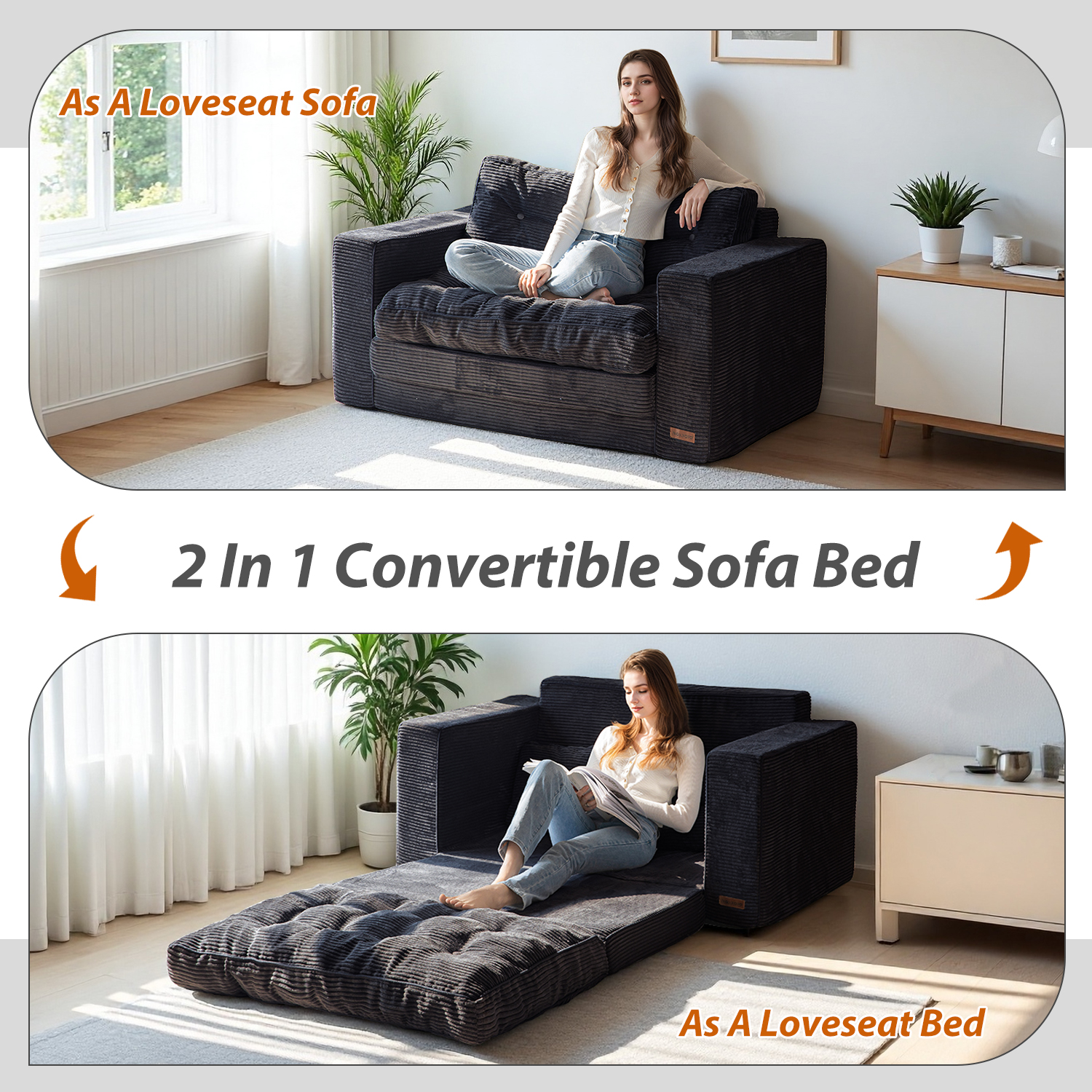 GOODONE Convertible Sofa Bed,Pull Out Couch Beds Loveseat Sleeper,2 in 1 Folding Couch Bed with Pillows for Living Room Bedroom,Black