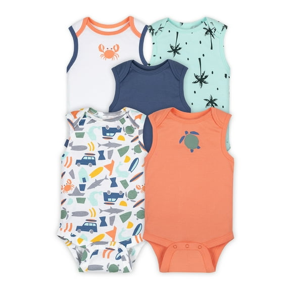 Little Star Organic Baby Boy 5 Pk Sleeveless Bodysuits, Size Newborn-24 Months