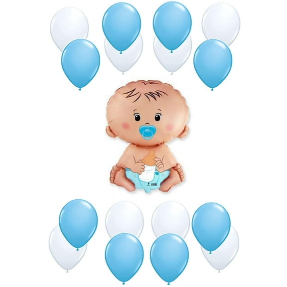 DalvayDelights Boy Baby Diaper with Pacifier Shower 17 Piece Balloon Set Blue and White Mylar and Latex Balloons Set