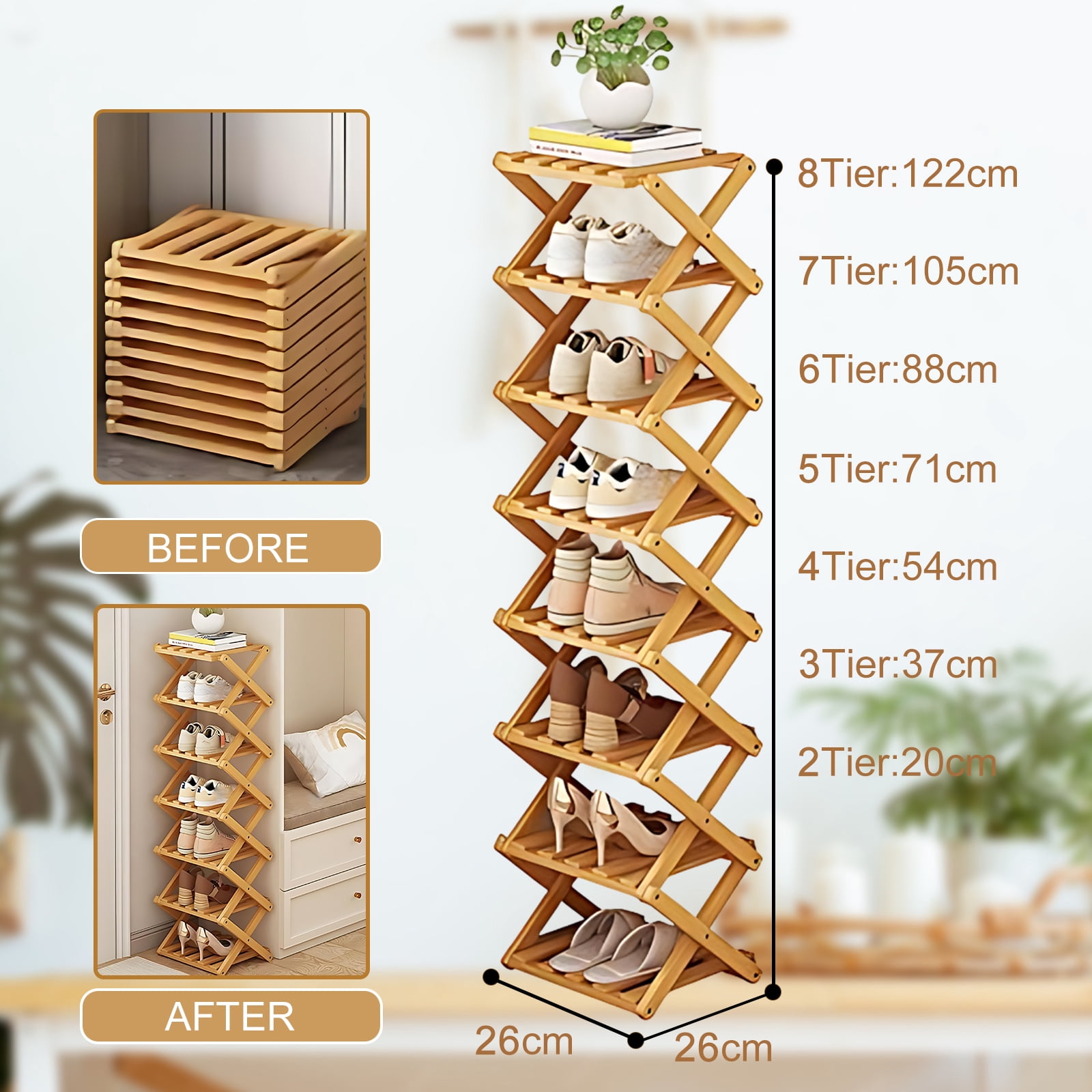 JUANYU Shoes Rack Organizer,Multi Tier Wooden Foldable Storage Rack for Home Shoe Storage with Durable Cross Structure,7-Tier,Natural