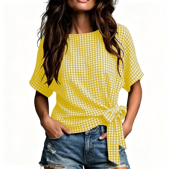 Setooff Womens Shirts, Plaid Gingham Print Crew Neck Side Knot Tie Short Sleeve Tops for Women Relaxed Tshirts Fashion Daily Summer Blouse