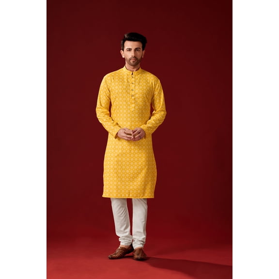 Men's Yellow Color Indian Traditional Wear Tunic Cotton Kurta Pajama Set