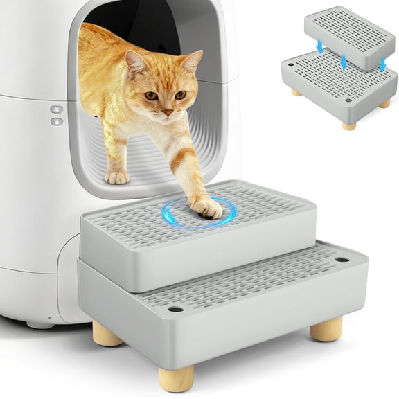 Petyoung Cat Litter Box Step,Cat Litter Catcher Mat with Wooden Feet, Filter Function, for Kitten & Elderly Cats (Light Grey)