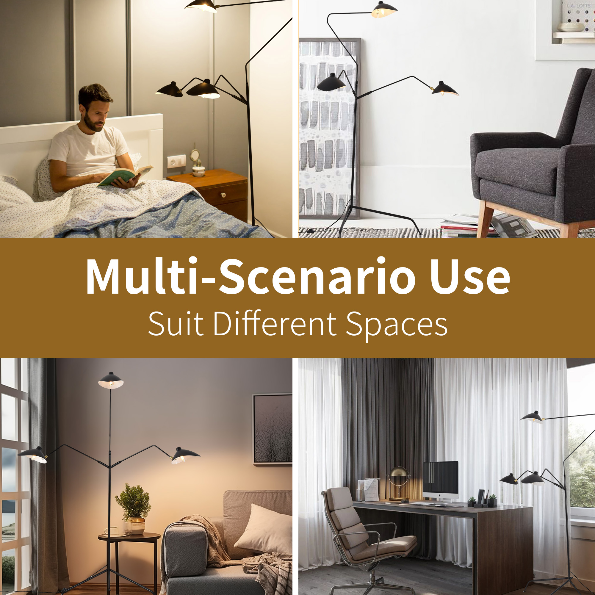 Modern Black 3-Light Tall Floor Lamp, Mid-Century Adjustable Standing Lamp, Spider Arm Floor Lamp with 360° Swing Arm, Tall Lamp for Reading,Bedroom
