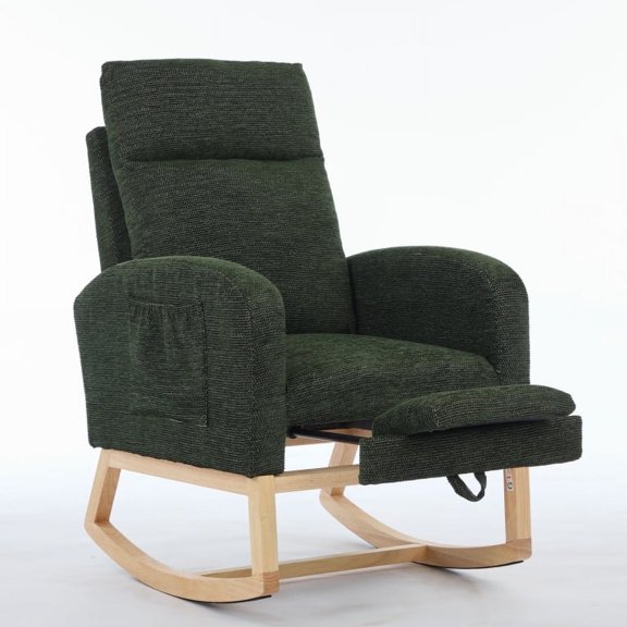 Knubmt High Backrest Rocking Chair Accent Chair with Wood Legs and Side Pocket, Upholstered Armchair for Living Room, Office, Dark Green