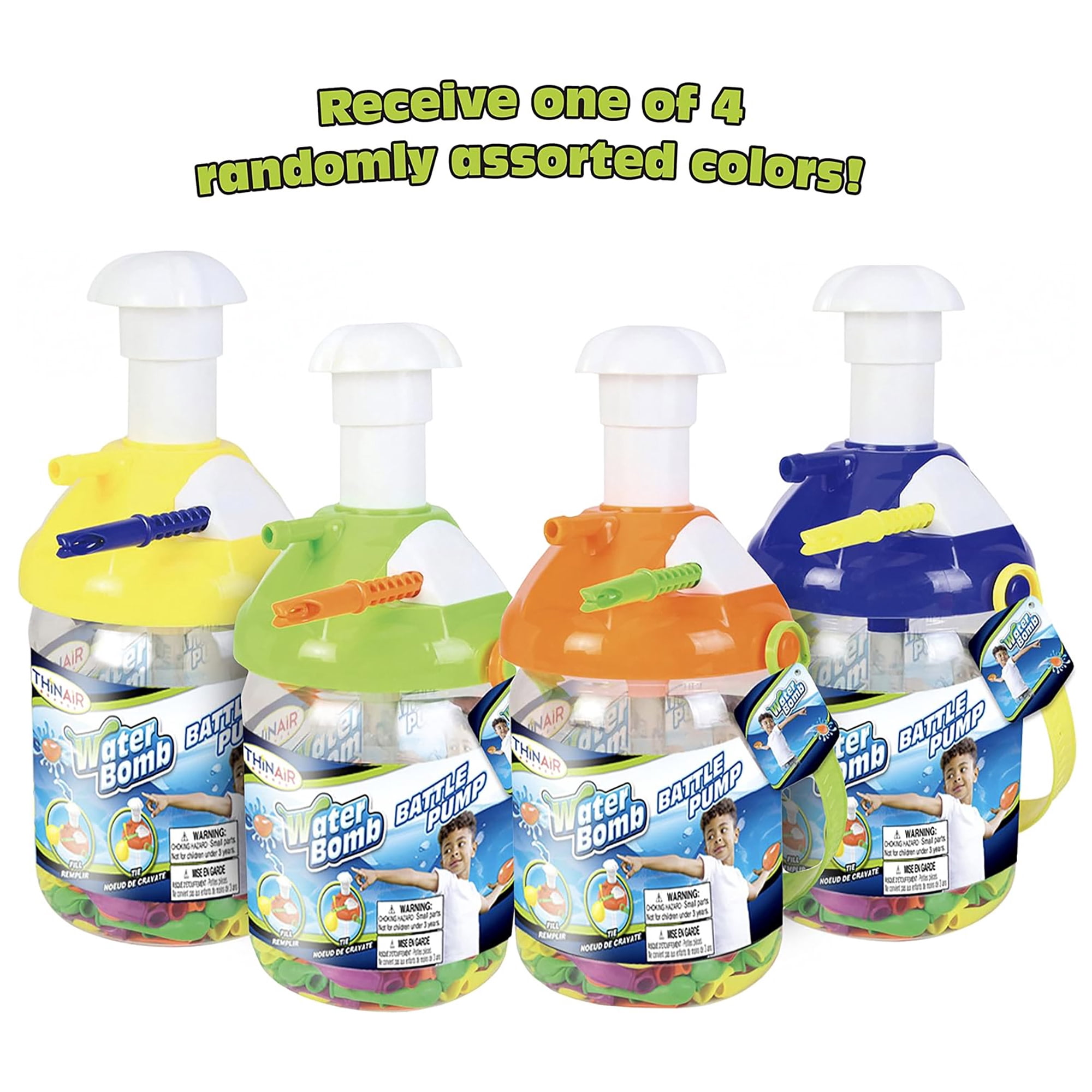 Scooba Duck: Water Bomb Battle Pump - 300 Balloons & Inflator, Tying Tool, Assorted Portable Container Lid Color - Yellow-Green-Orange-Blue, Kids 3+