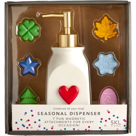 XIULIN Seasonal Soap/Lotion Dispenser Gift Set with 7 InterchanXIULINable Magnetic Holiday Attachments, Refillable for Bathroom & Kitchen, Gold
