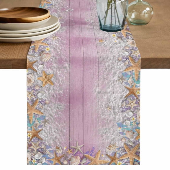 Summer Beach Starfish Table Runner 72 Inches, Pink Coastal Ocean Conch Wood Grain Bed Runner Dresser Scarves Tabletop for Indoor Outdoor Parties/Ceremony/Banquet, 16" x 72"